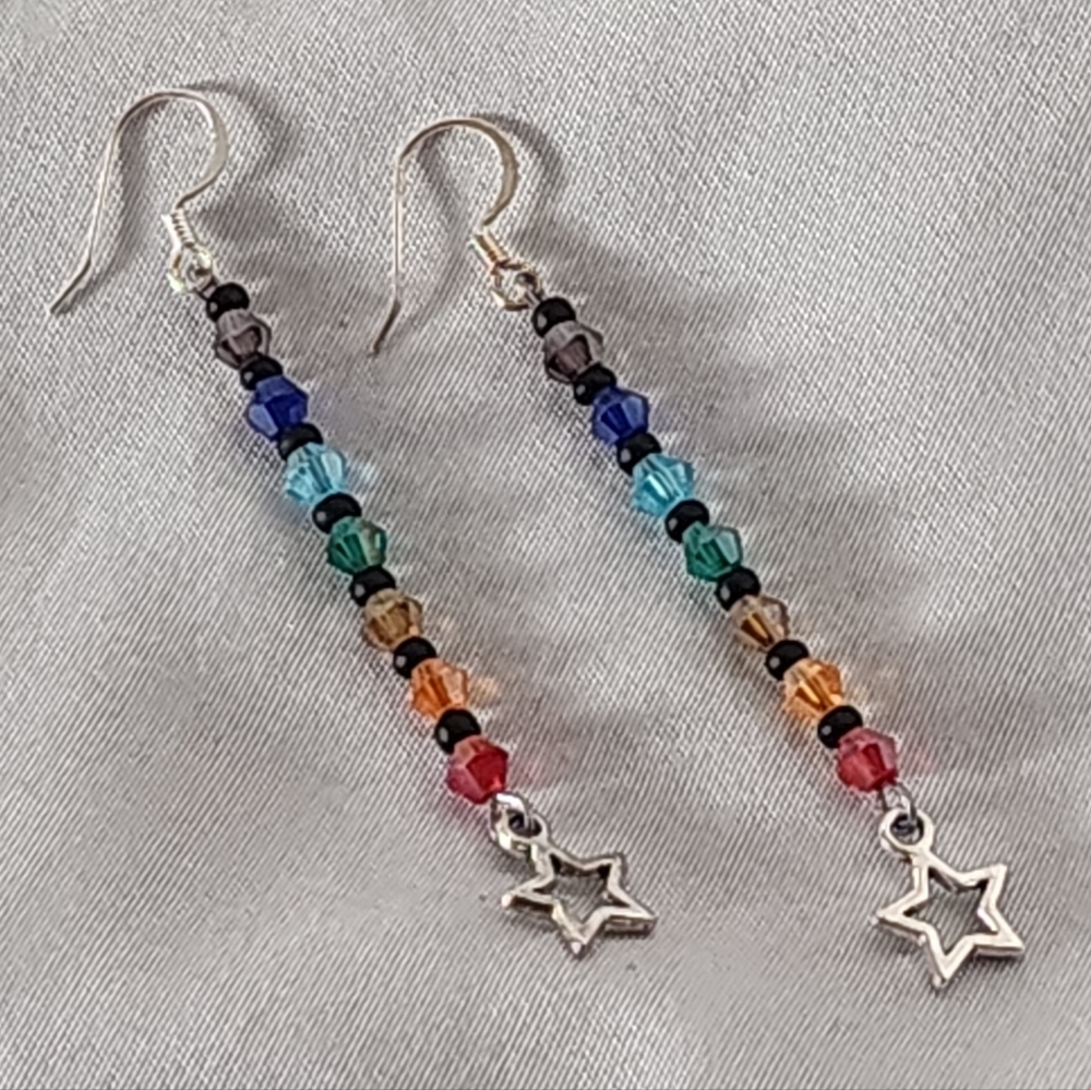 Handmade Crystal Rainbow Beaded and Star Dangle Earrings